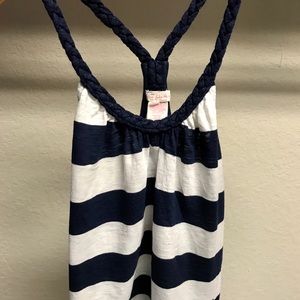 Nautical navy and white braided neckline top